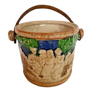 Vintage Majolica Cookie Jar with Rattan Handle Japanese Pastoral Folk Art 7"